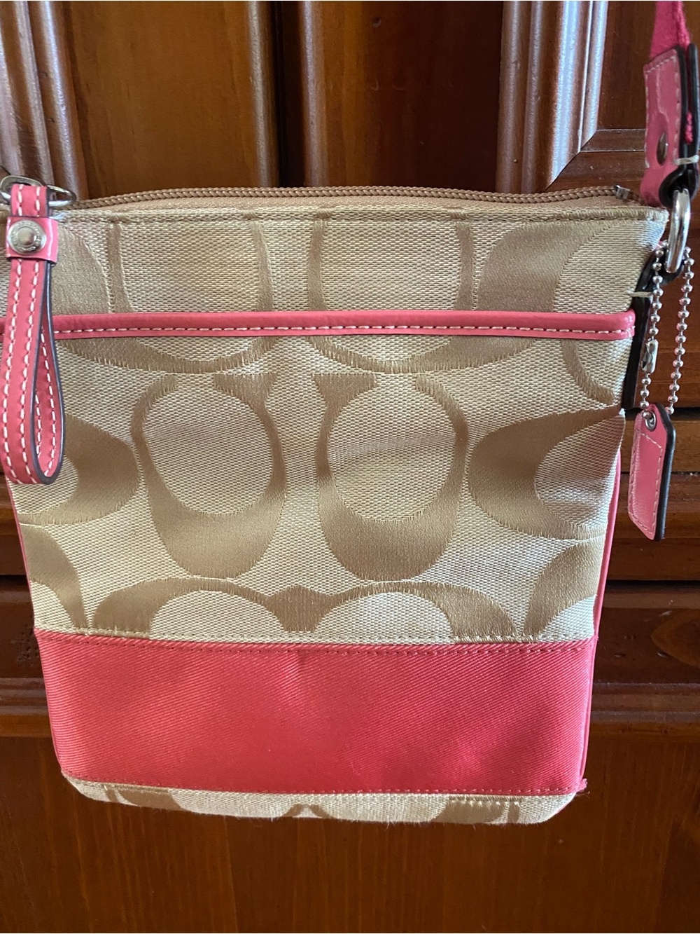 Coach Khaki Signature Canvas Crossbody with Pink Trim